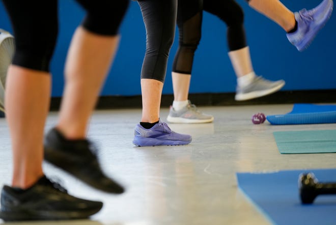 Ruth Ann Dreyer, Body & Soul Fitness instructor teaches her Cardio class at The Springs. Body & Soul Fitness is a Christian fitness ministry. Trained instructors teach women's fitness classes at various churches and community centers across the country. In Oklahoma, Thursday, Oct. 17, 2024.