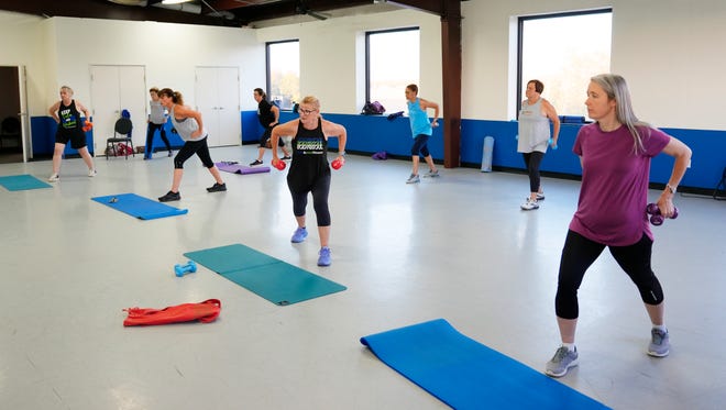 Ruth Ann Dreyer, Body & Soul Fitness instructor teaches her Cardio class at The Springs. Body & Soul Fitness is a Christian fitness ministry. Trained instructors teach women's fitness classes at various churches and community centers across the country. In Oklahoma, Thursday, Oct. 17, 2024.