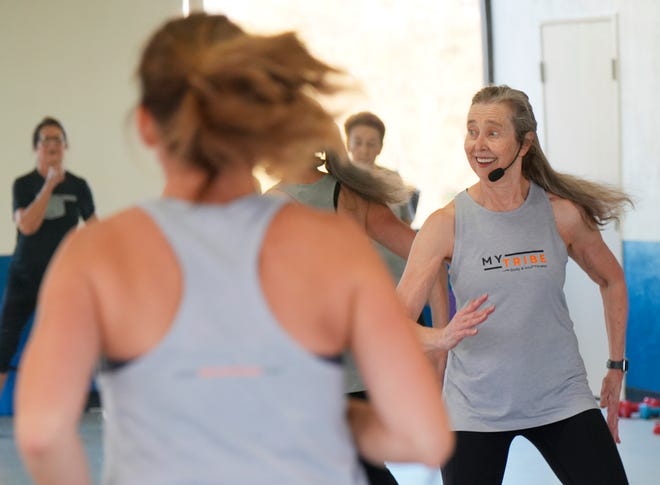 Ruth Ann Dreyer, Body & Soul Fitness instructor teaches her Cardio class at The Springs. Body & Soul Fitness is a Christian fitness ministry. Trained instructors teach women's fitness classes at various churches and community centers across the country. In Oklahoma, Thursday, Oct. 17, 2024.